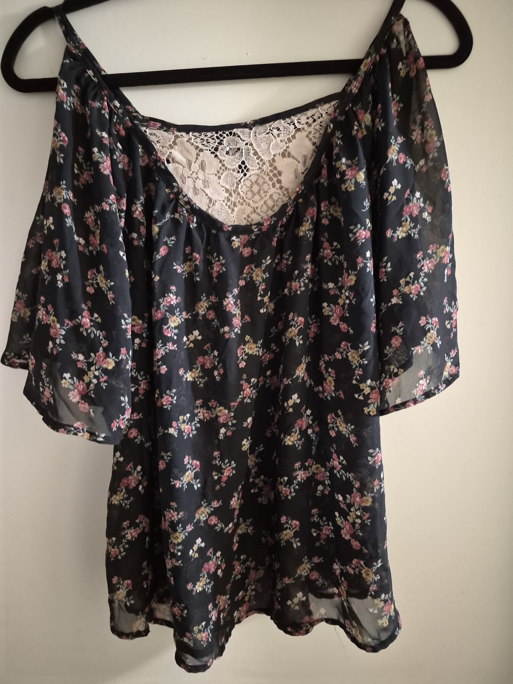 Floral Cold-Shoulder Sheer Blouse with Lace Back - Black/Pink